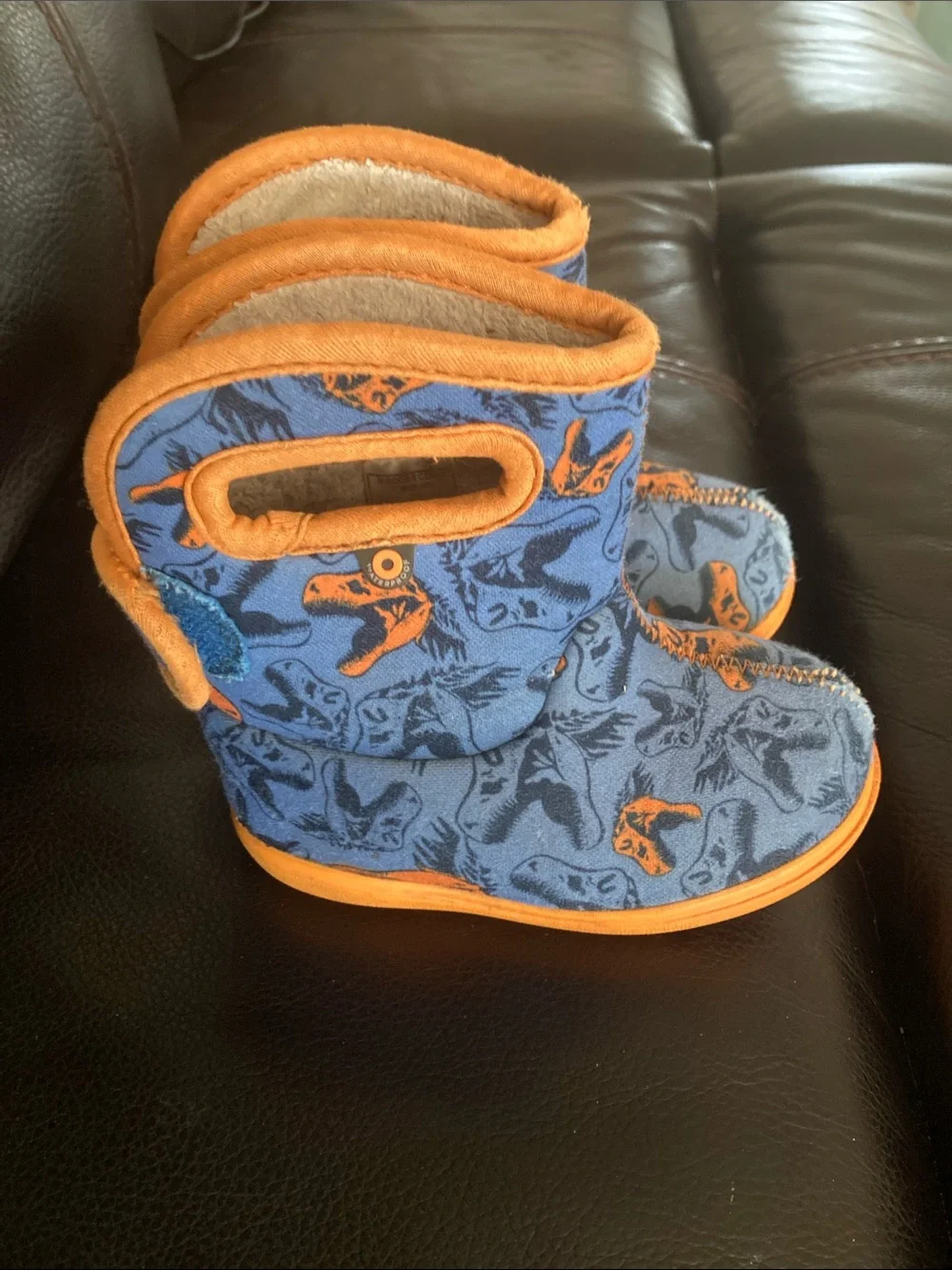 Bogs Kids Blue and Orange Dinosaur Rain & Snow Boots
